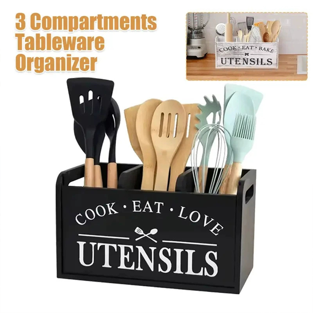 Commercial Kitchen Knife Holder - حامل أدوات المطبخ الخشبي بثلاثة أقسام،